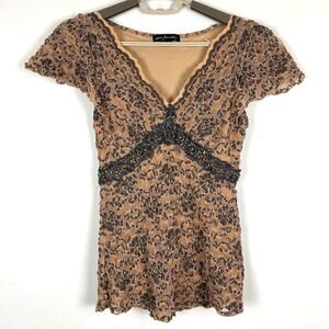 Ann Ferriday lace babydoll v-neck top ONE Size cap sleeve beige neutral beading